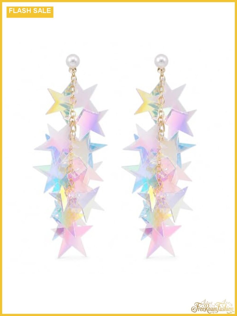 Holographic Star Tassel Dangle Earrings Faux Pearl Gold-Tone Chain Acrylic